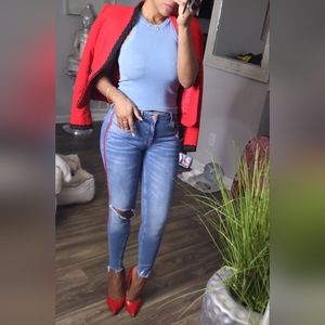 Zara Jeans Womens 4 Mid-Rise Skinny Side Stripe Distressed Stone Wash Blue Denim